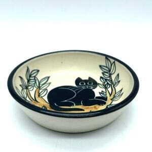 Karen Donleavy Black Cat Bowl on a Branch‎ Studio Pottery signed KD